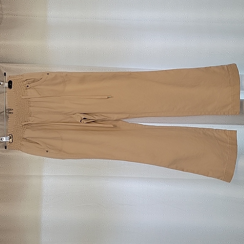 Ci Sono Khaki Linen Pants Elastic Waist Relaxed Fit Straight Leg Size M